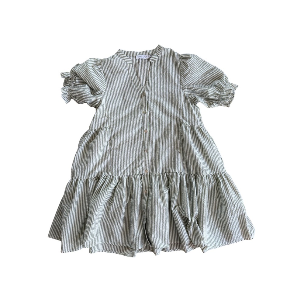 Petal + Pup Sage Green White Striped Seersucker Tiered Mini Dress Size 6
